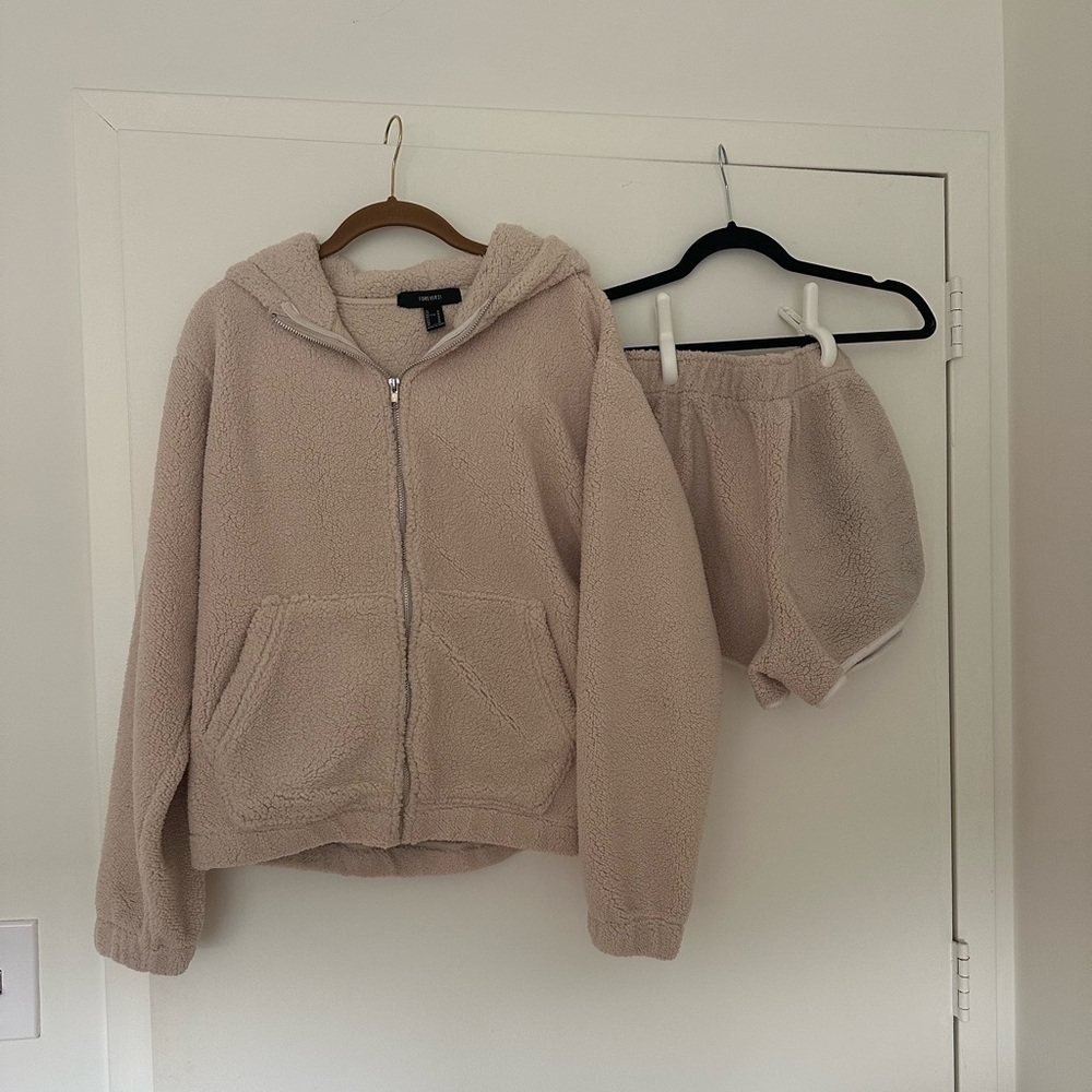 Cozy Beige Forever 21 Zip Up Hoodie and Shorts Set